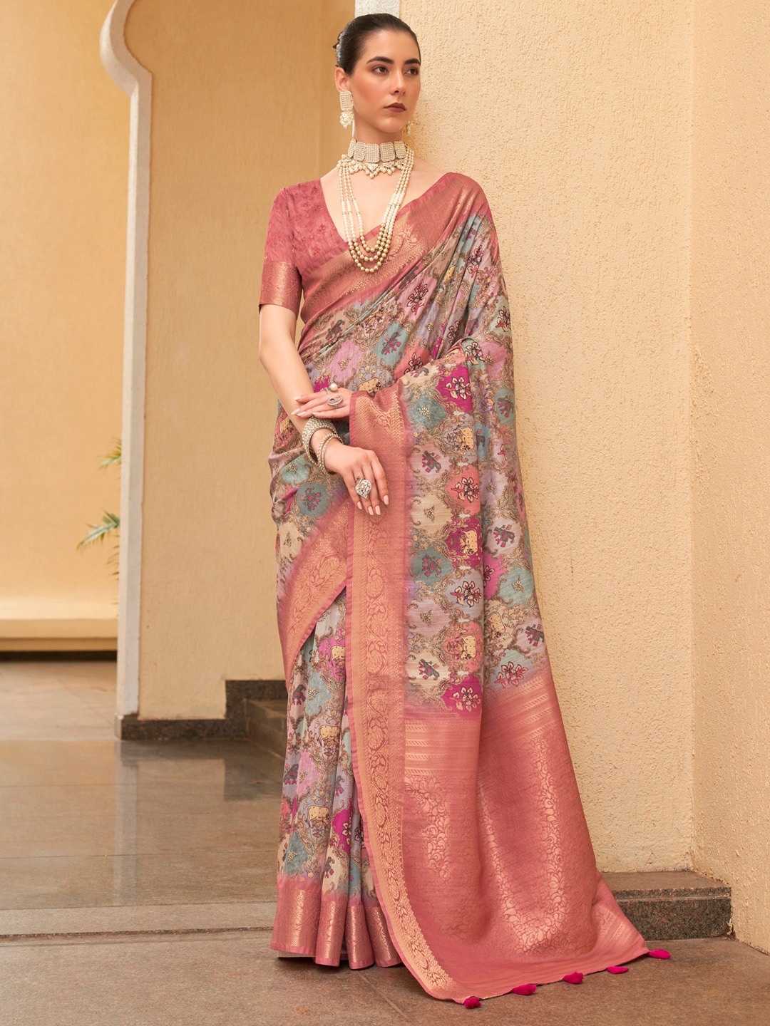 

Mitera Ethnic Motifs Printed Zari Silk Sungudi Saree, Green