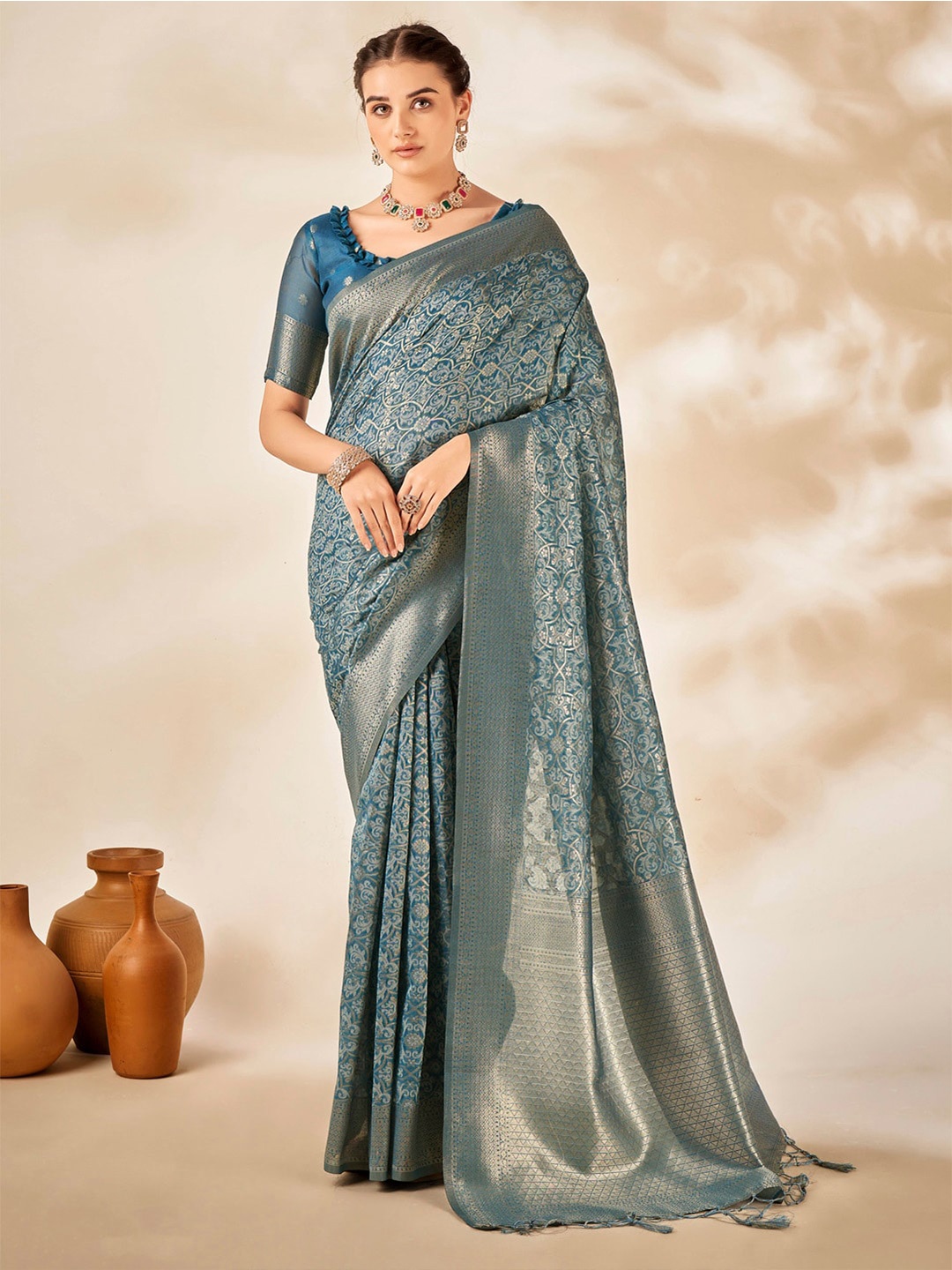 

Mitera Ethnic Motifs Woven Design Zari Banarasi Saree, Teal