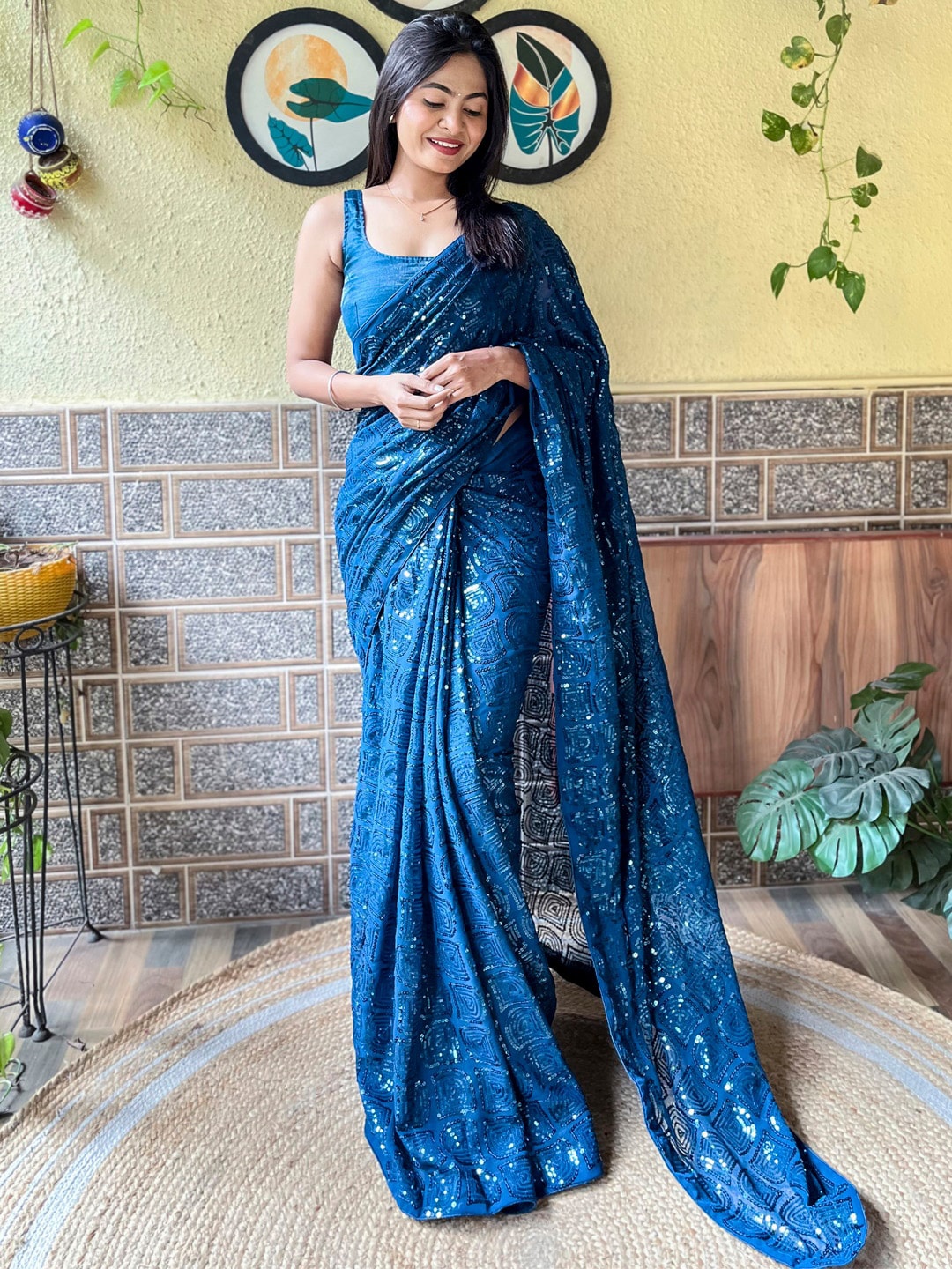 

Mitera Embellished Sequinned Poly Georgette Saree, Teal