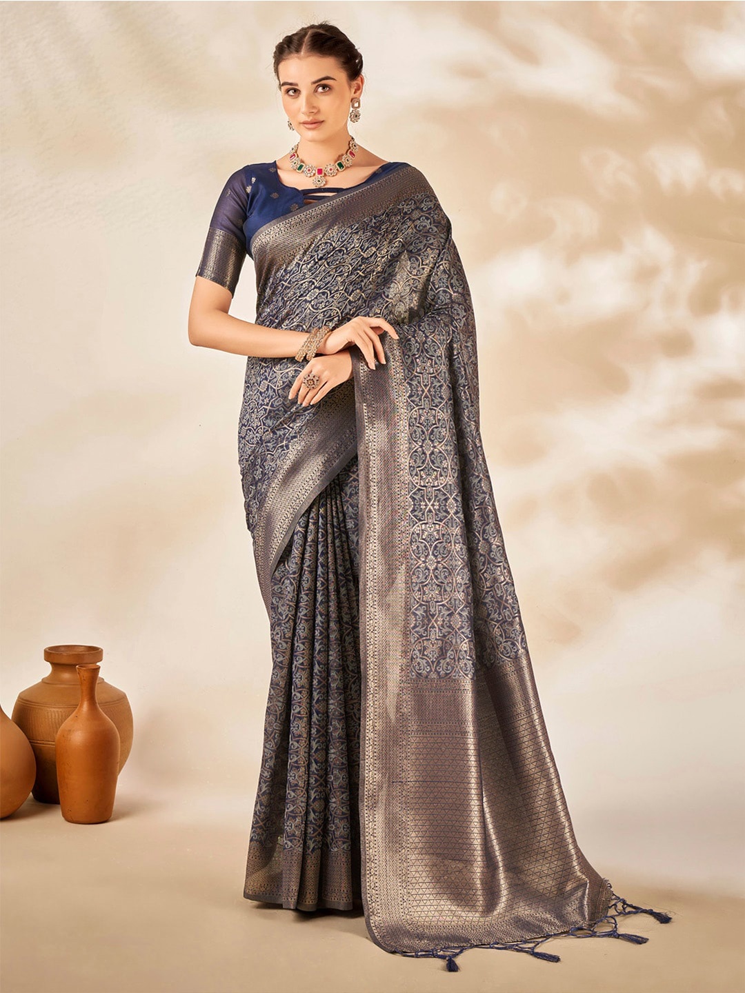 

Mitera Ethnic Motifs Woven Design Zari Banarasi Saree, Navy blue