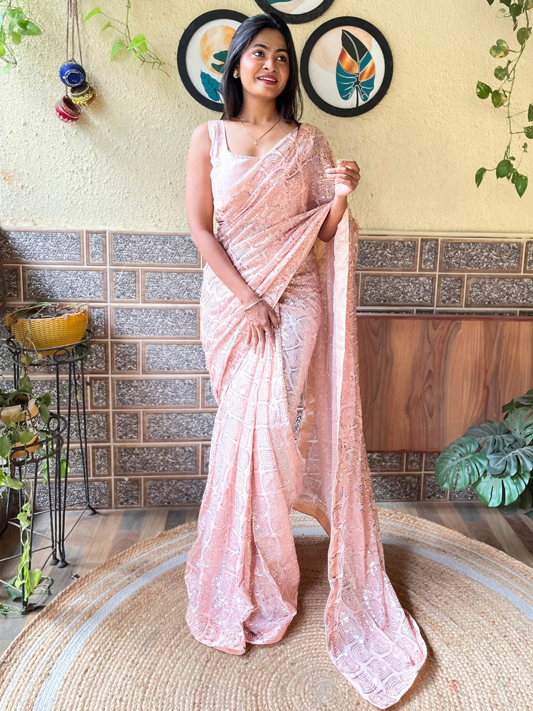 

Mitera Ethnic Motifs Embellished Sequinned Pure Georgette Saree, Cream