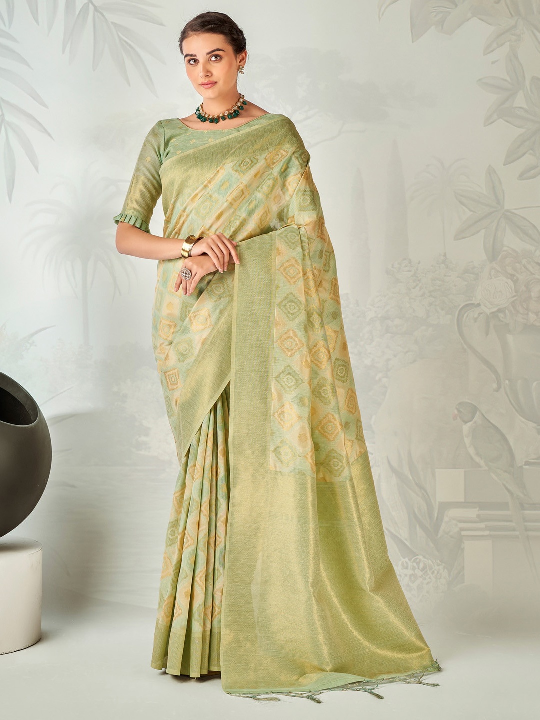

Mitera Ethnic Motifs Woven Design Zari Banarasi Saree, Sea green