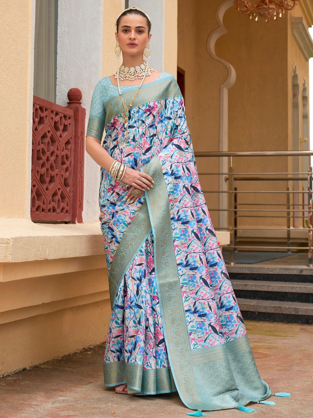 

Mitera Floral Printed Zari Banarasi Saree, Blue