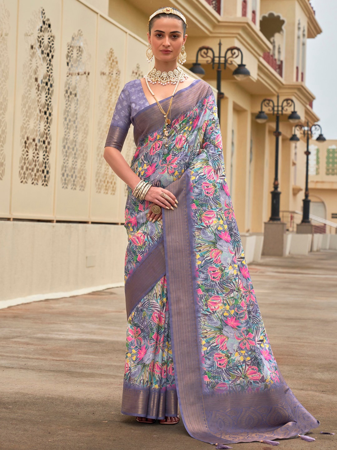 

Mitera Floral Printed Zari Banarasi Saree, Lavender