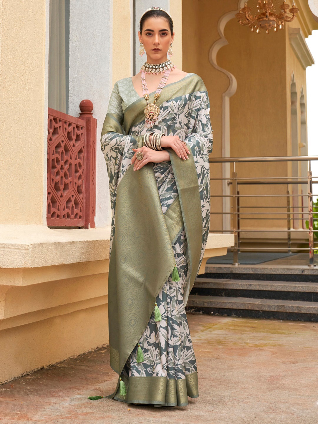 

Mitera Floral Printed Zari Banarasi Saree, Sea green
