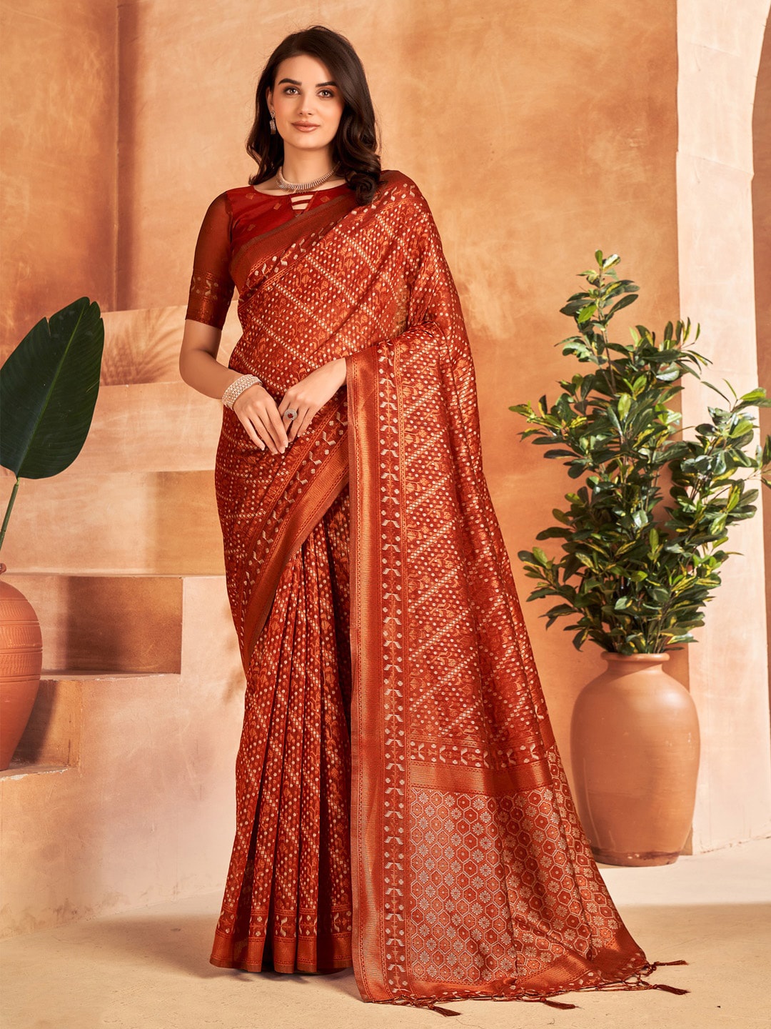 

Mitera Ethnic Motifs Woven Design Zari Banarasi Saree, Rust