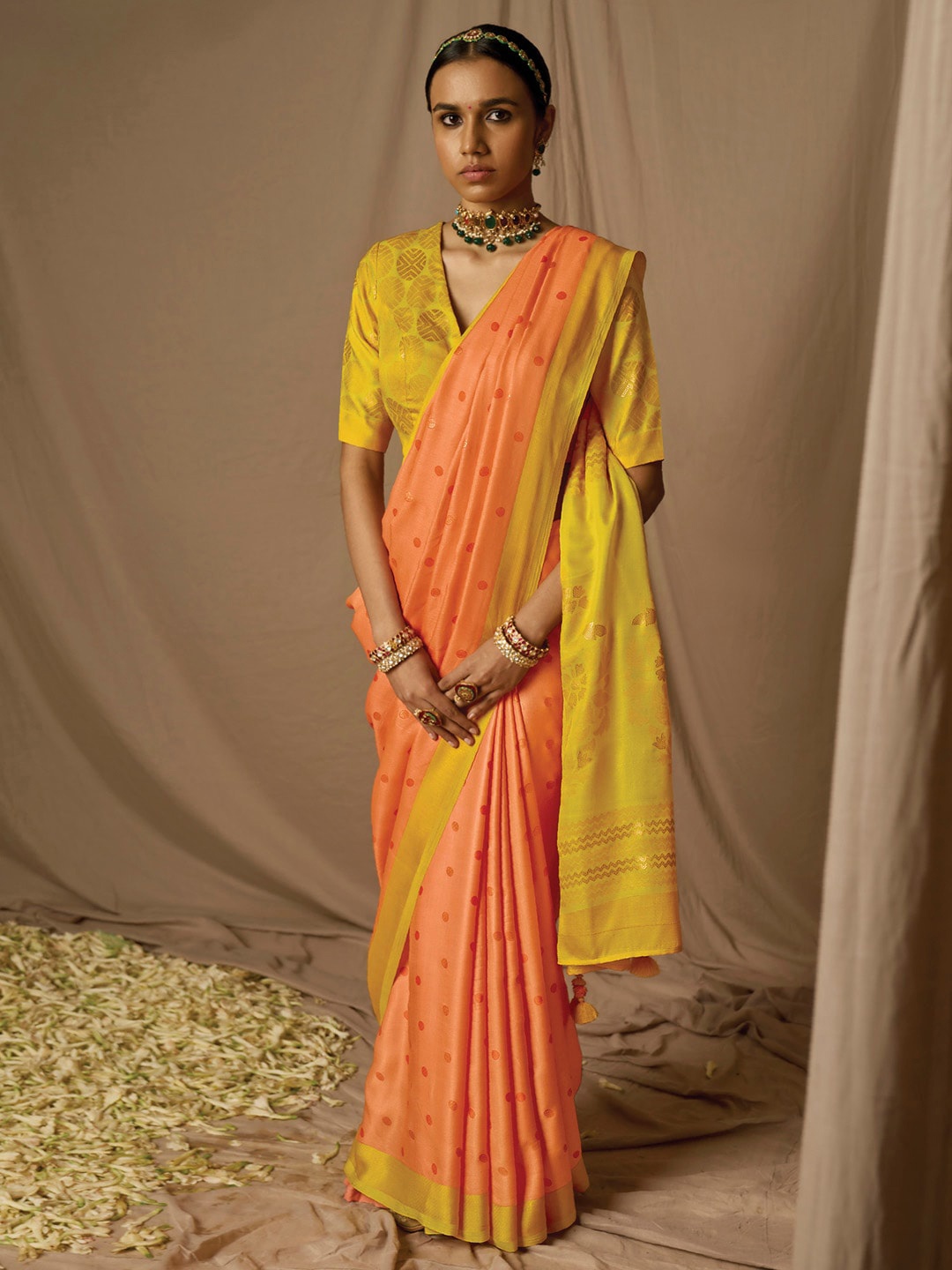 

Mitera Polka Dot Printed Pure Silk Zari Banarasi Saree, Orange