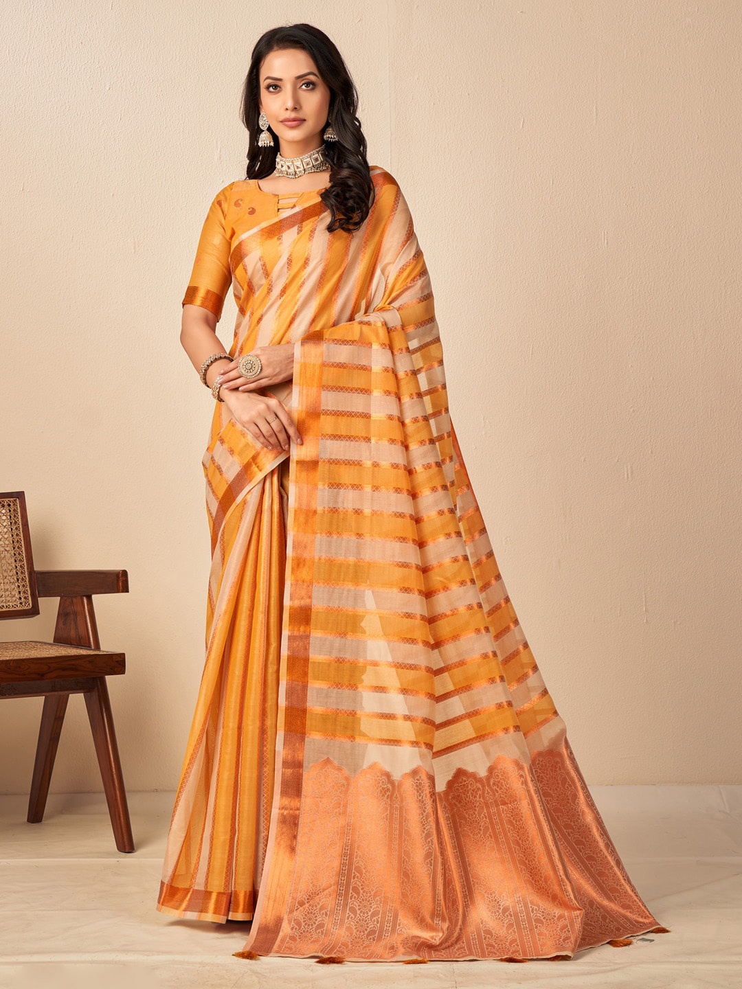 

Mitera Striped Woven Design Zari Banarasi Saree, Mustard