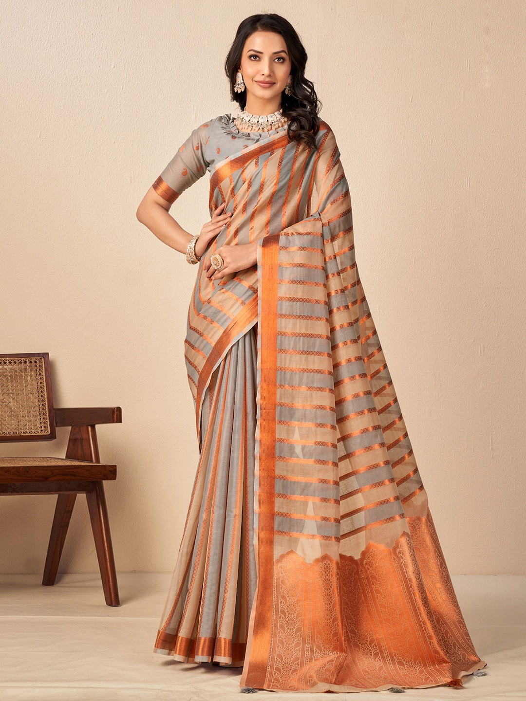 

Mitera Striped Woven Design Zari Banarasi Saree, Grey