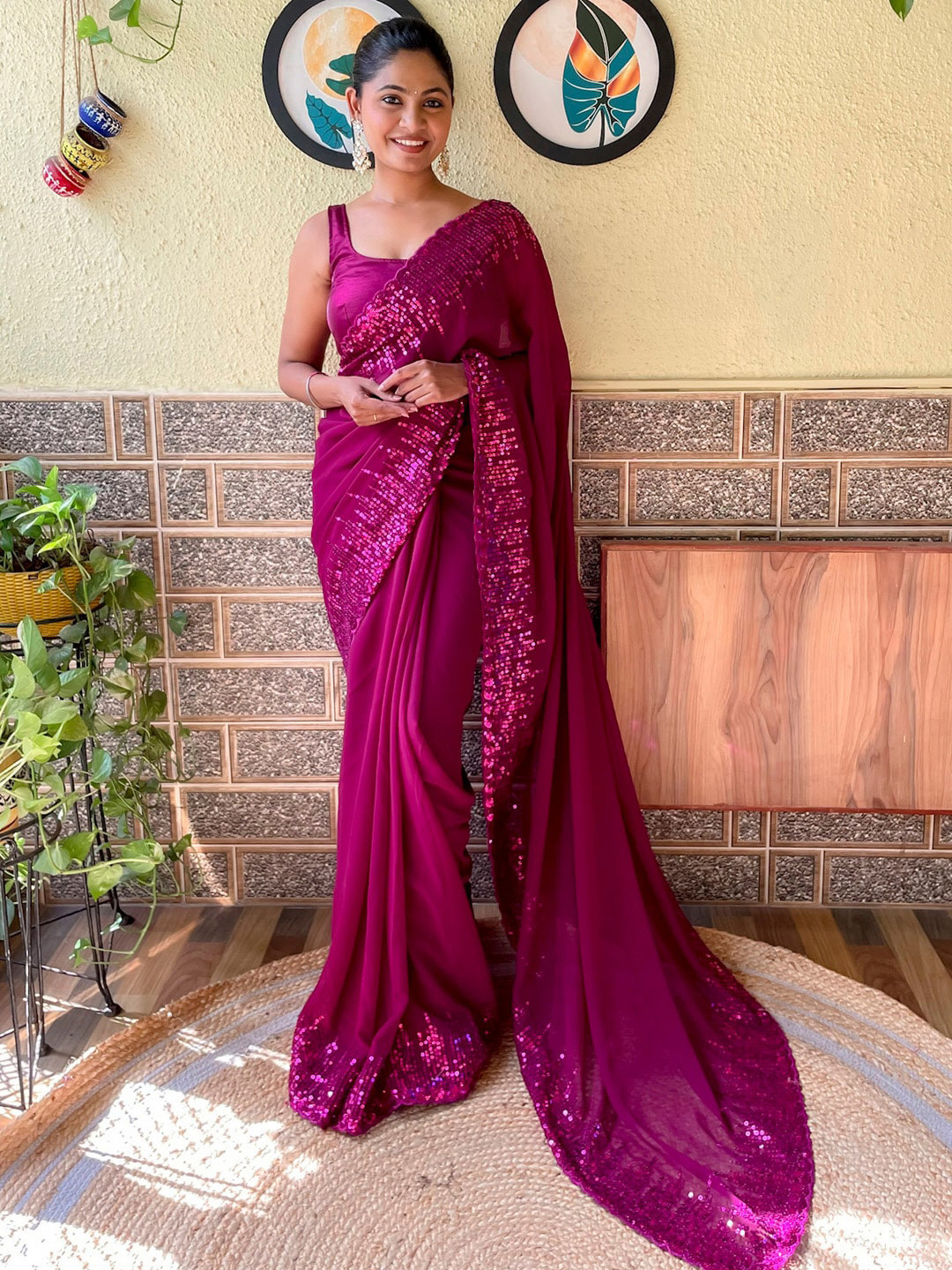 

Mitera Sequinned Pure Georgette Saree, Pink