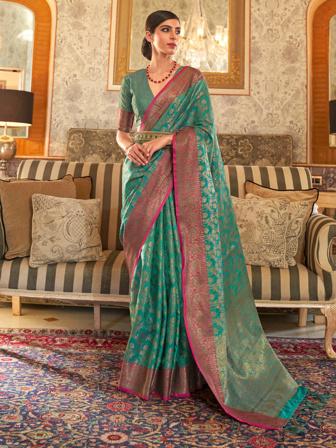 

Mitera Ethnic Motifs Woven Design Zari Banarasi Saree, Blue