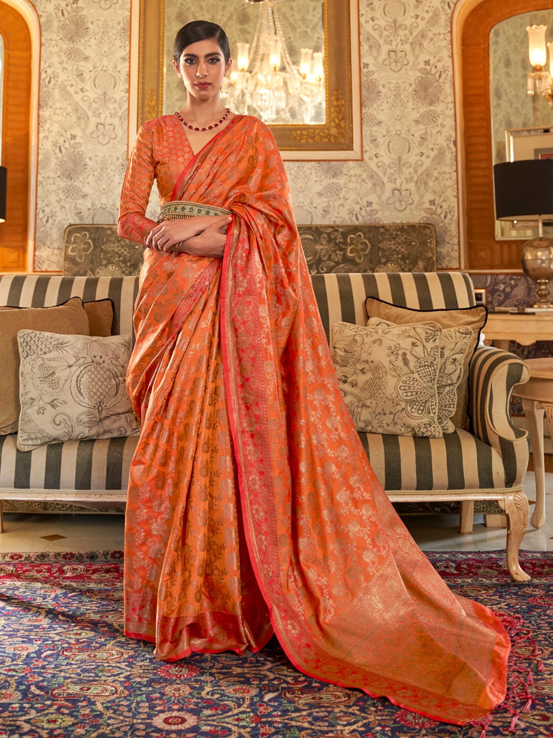 

Mitera Ethnic Motifs Woven Design Zari Banarasi Saree, Orange