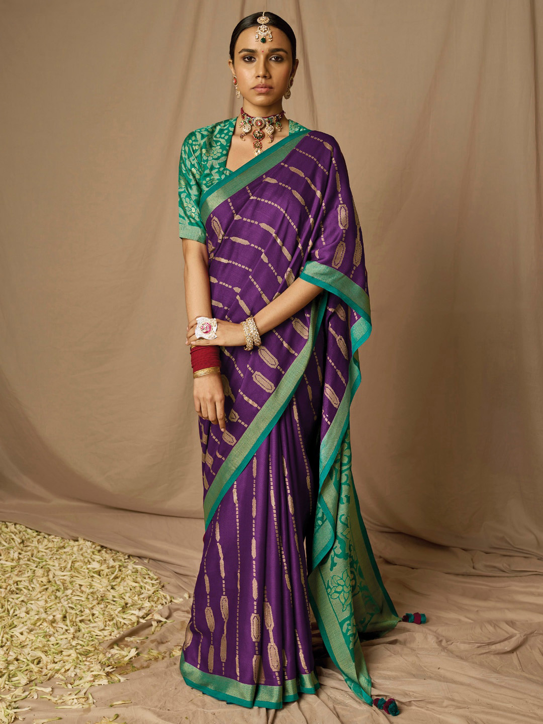 

Mitera Ethnic Motifs Woven Design Zari Silk Bagh Saree, Purple