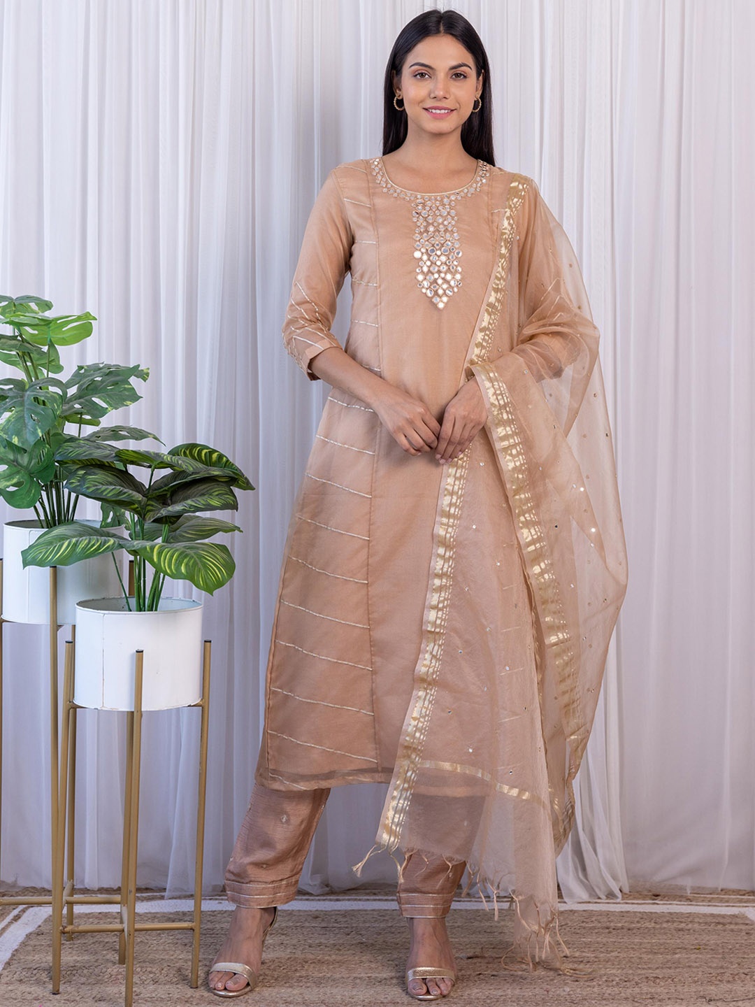 

LABEL KANUPRIYA Ethnic Motifs Embroidered Mirror Work Kurta With Trousers & Dupatta, Beige