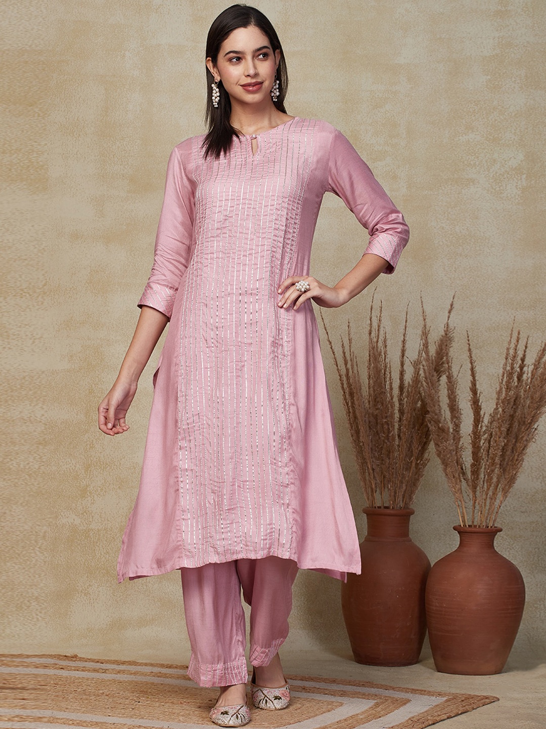 

FASHOR Striped Regular Straight Kurta With Trousers, Pink