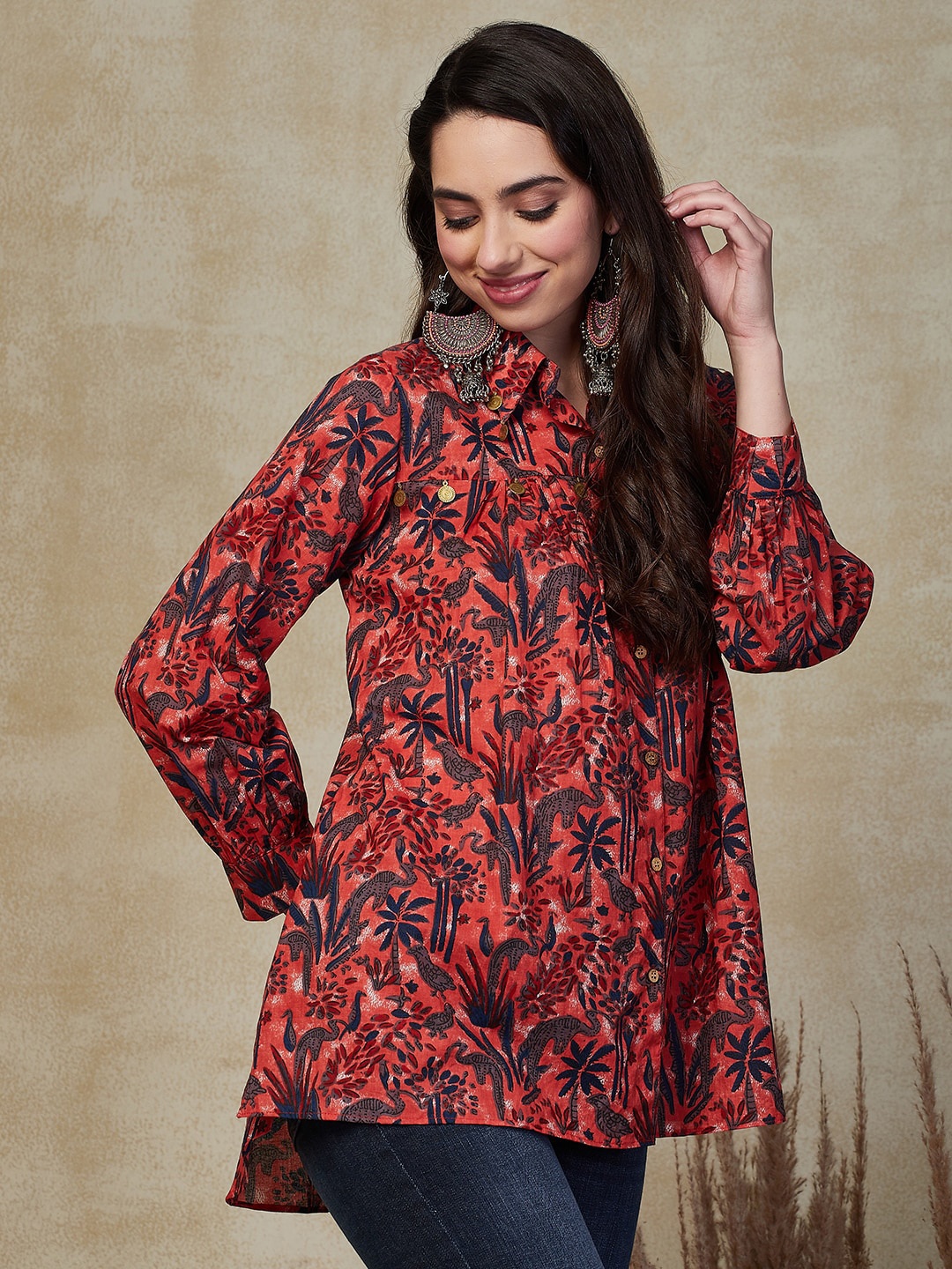 

FASHOR Ethnic Motifs Printed Shirt Collar Pure Cotton Kurti, Red