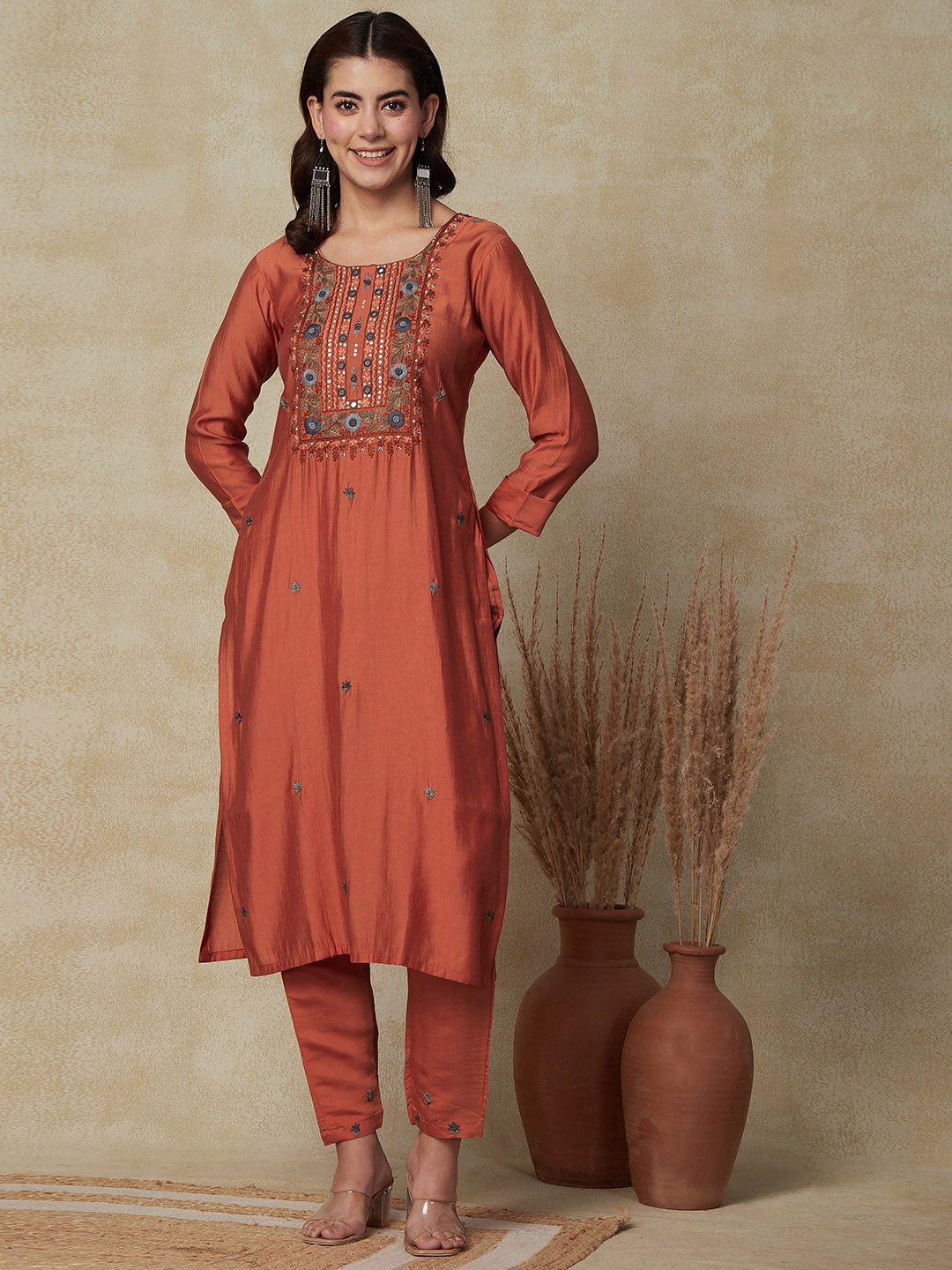 

FASHOR Floral Embroidered Sequined Straight Kurta, Rust