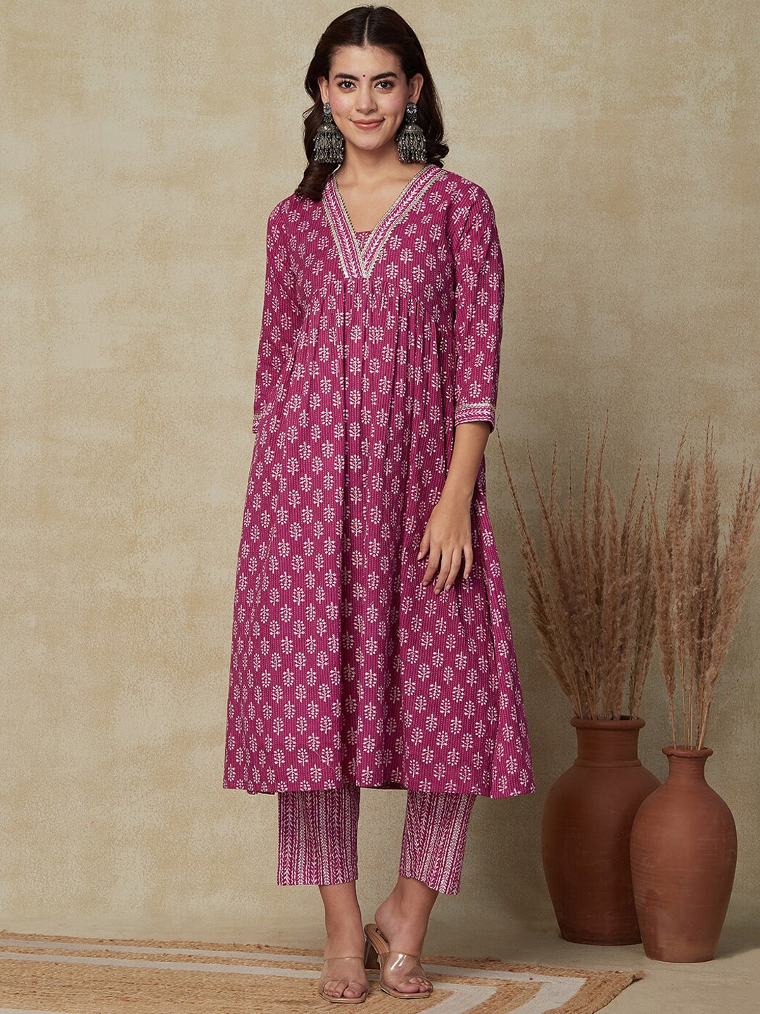 

FASHOR Ethnic Motifs Printed Empire Pure Cotton Kurta with Trousers, Purple