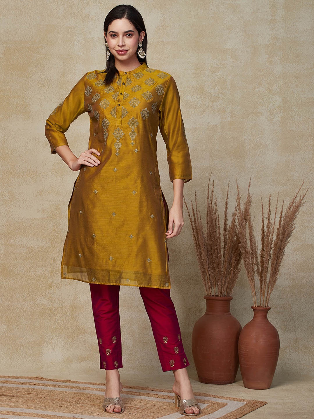 

FASHOR Ethnic Motifs Embroidered Band Collar Straight Kurta, Mustard