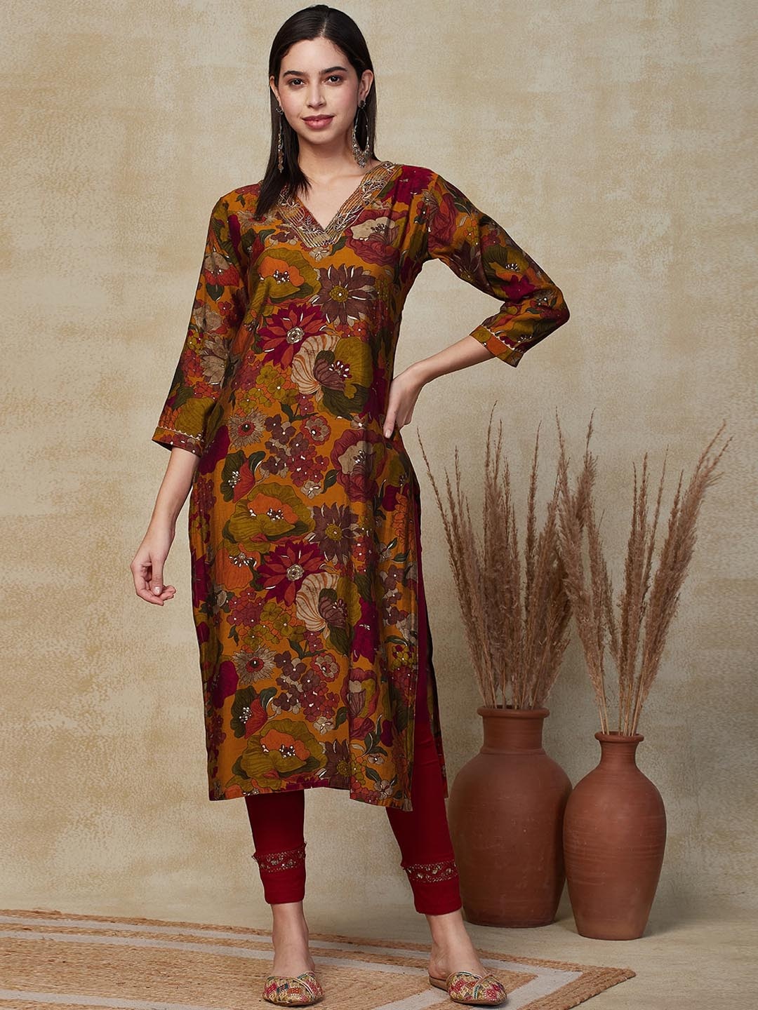 FASHOR Floral Printed Sequined Straight Kurta, Mustard