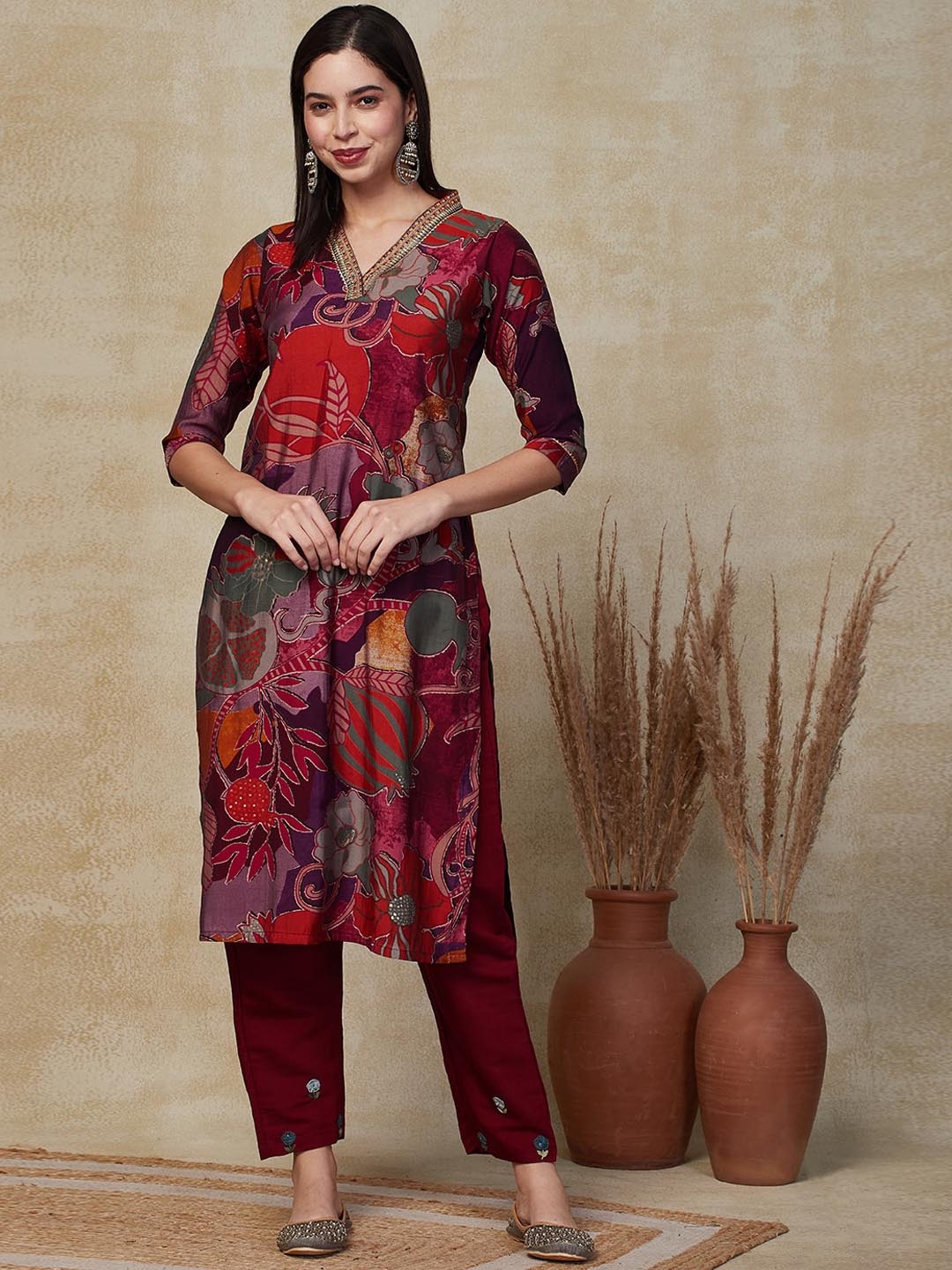 

FASHOR Red Floral Printed Straight Kurta