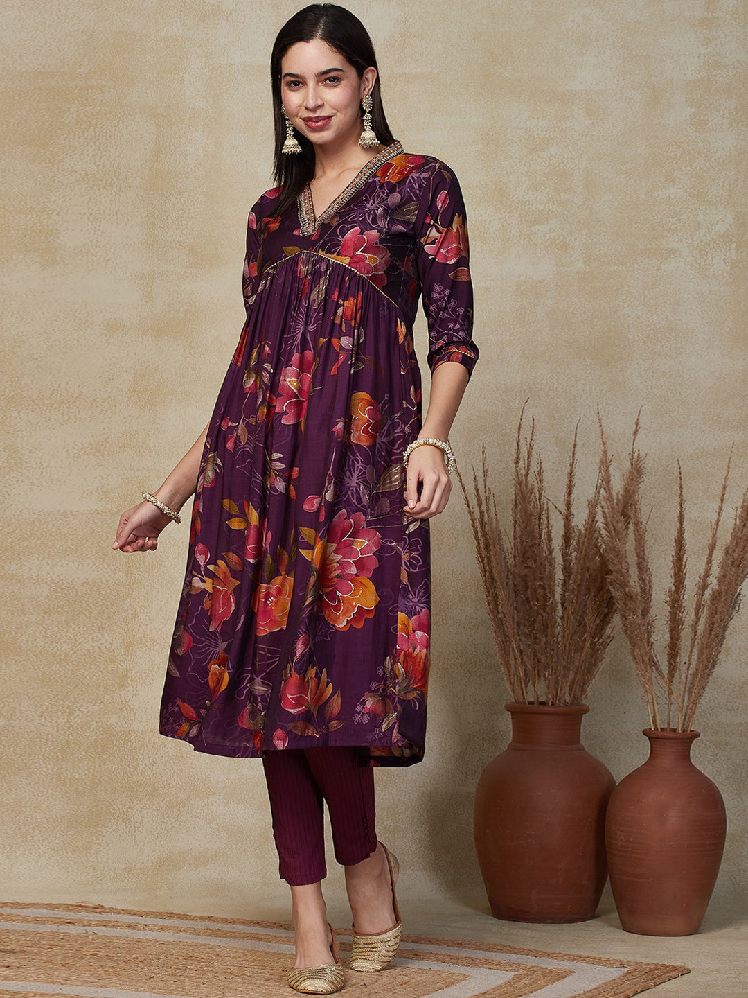 

FASHOR Floral Printed V-Neck Empire A-Line Kurta, Purple