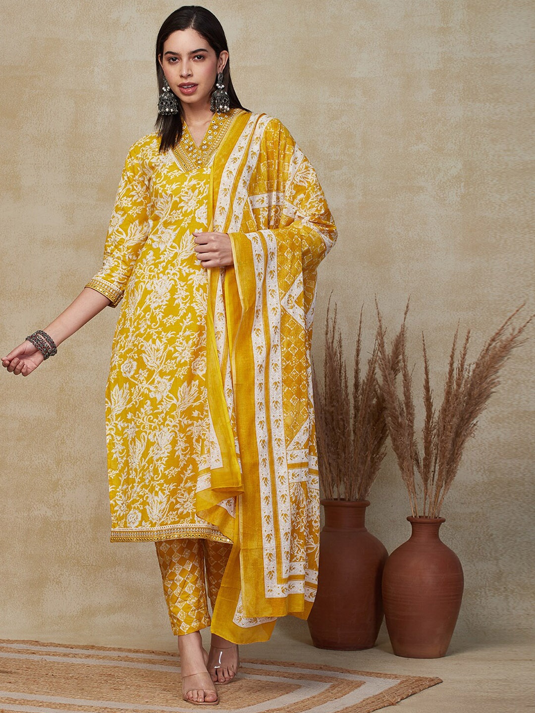 

FASHOR Floral Printed Regular Mirror Work Pure Cotton Kurta With Trousers & Dupatta, Yellow