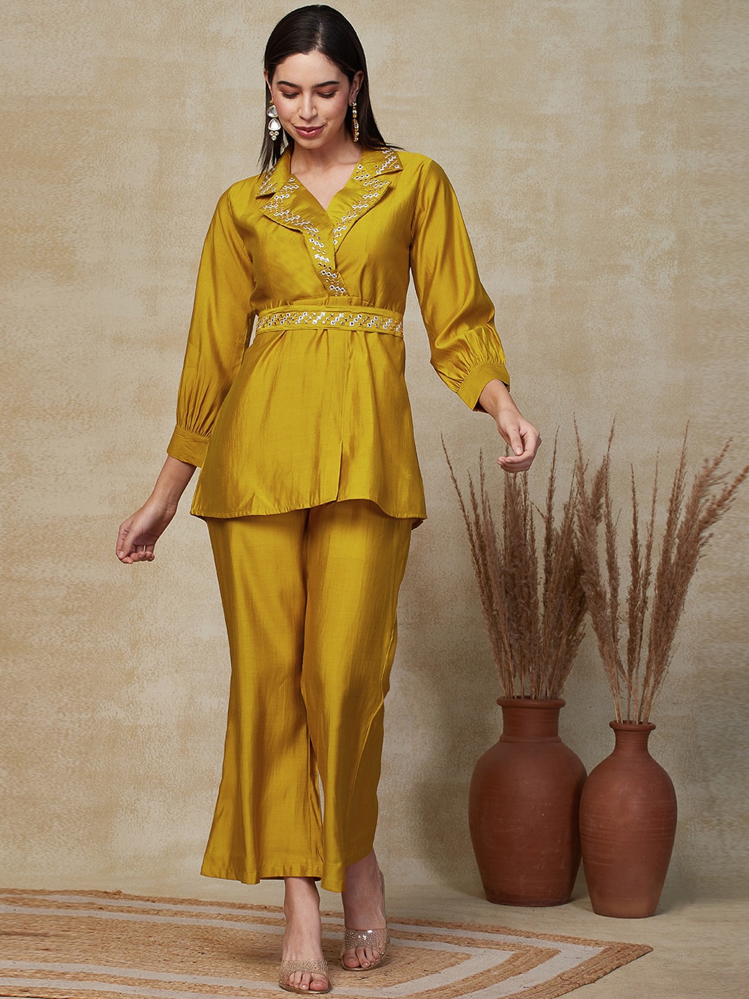 

FASHOR Lapel Collar Regular Mirror Work Kurti with Palazzo & Belt, Mustard