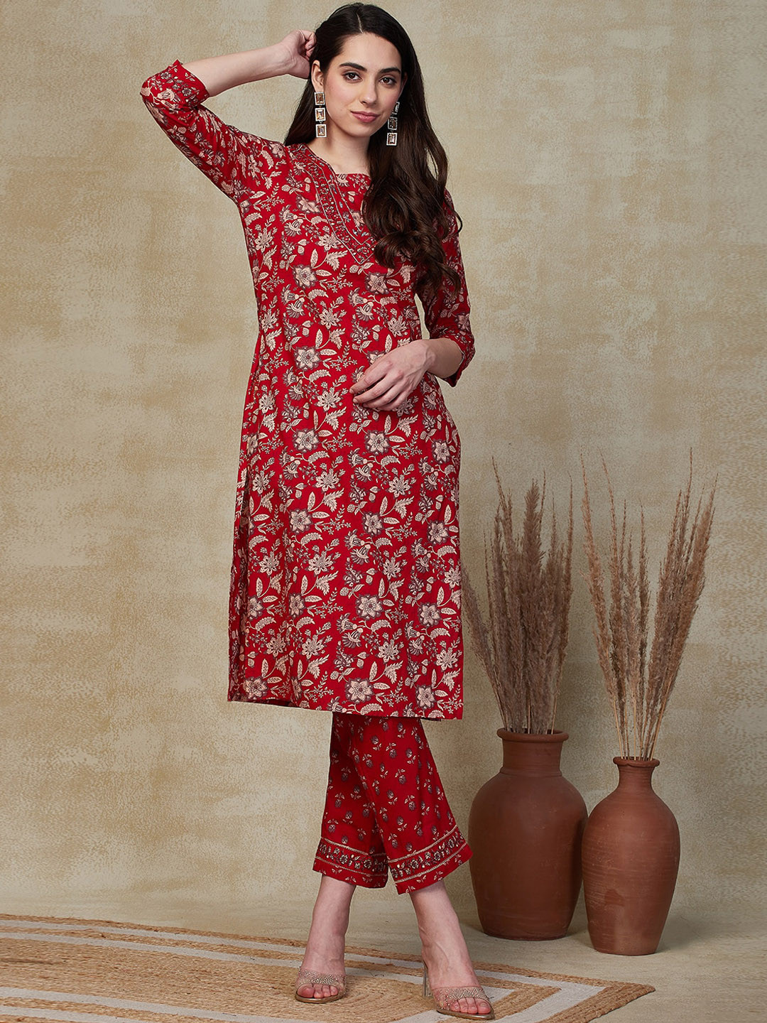 

FASHOR Floral Printed Regular Mirror Work Pure Cotton Kurta With Trousers, Red