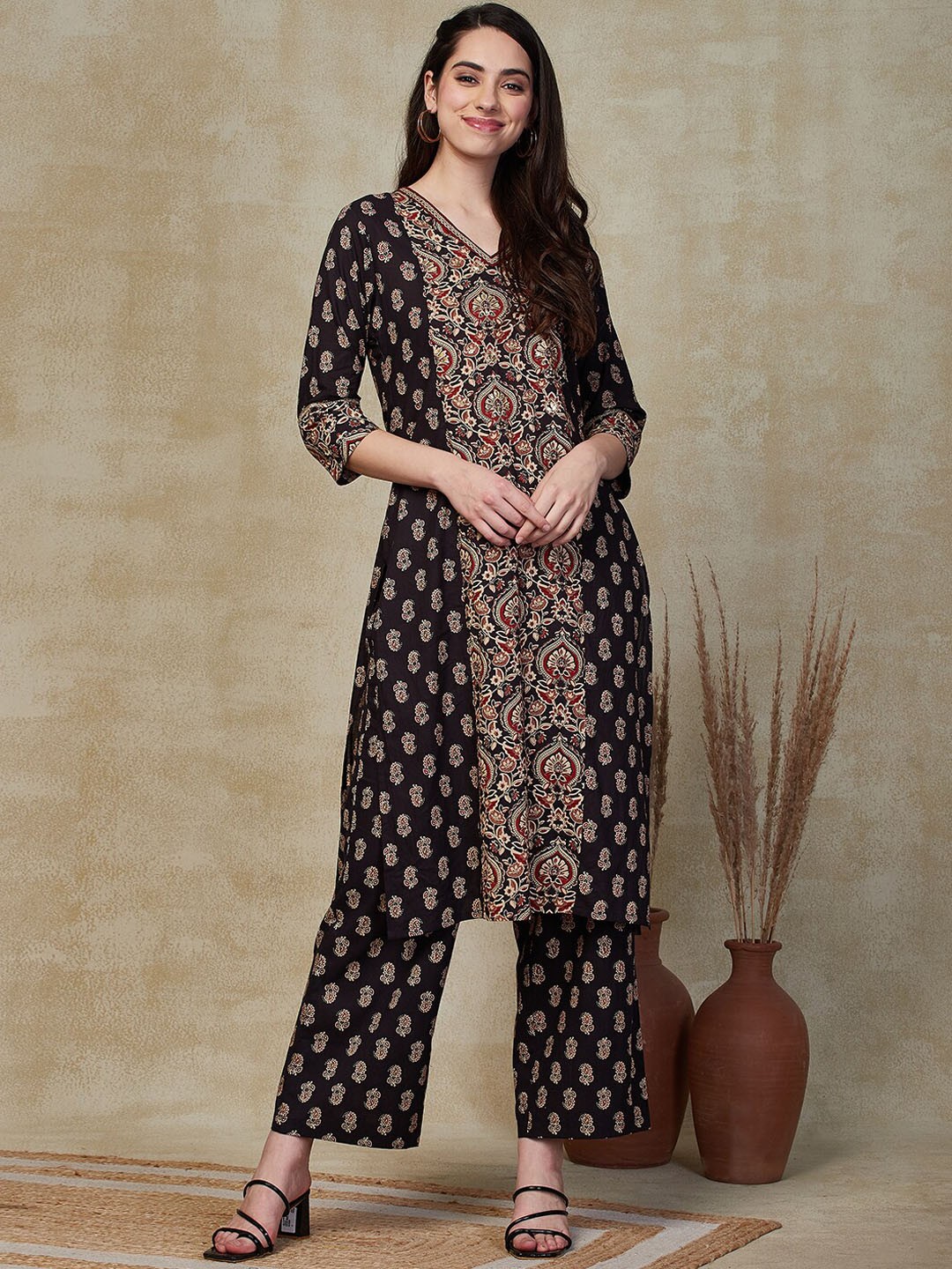 

FASHOR Black Paisley Printed Pure Cotton Straight Kurta with Palazzos
