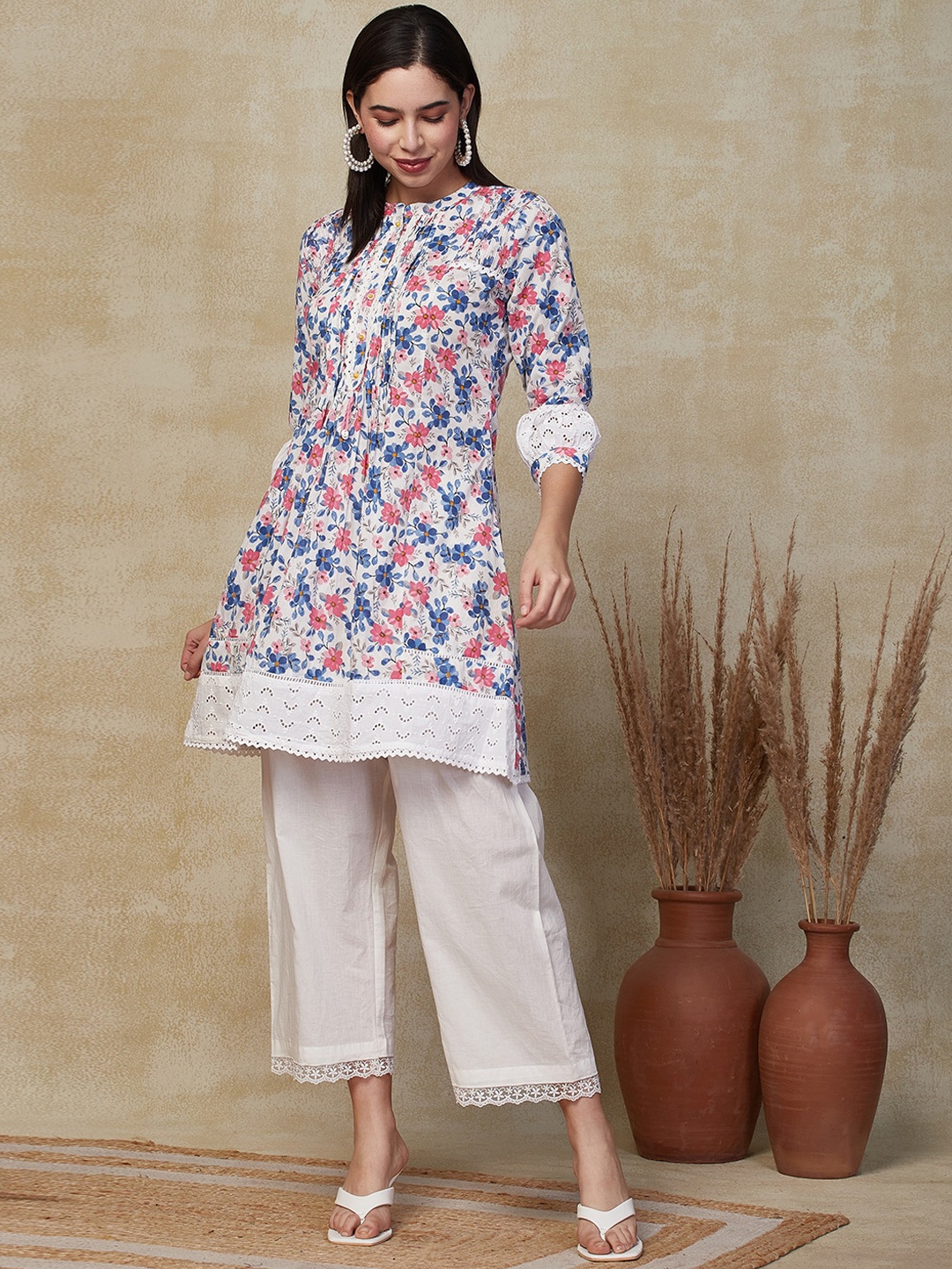 

FASHOR White Floral Printed Pleated Pure Cotton A-Line Kurta