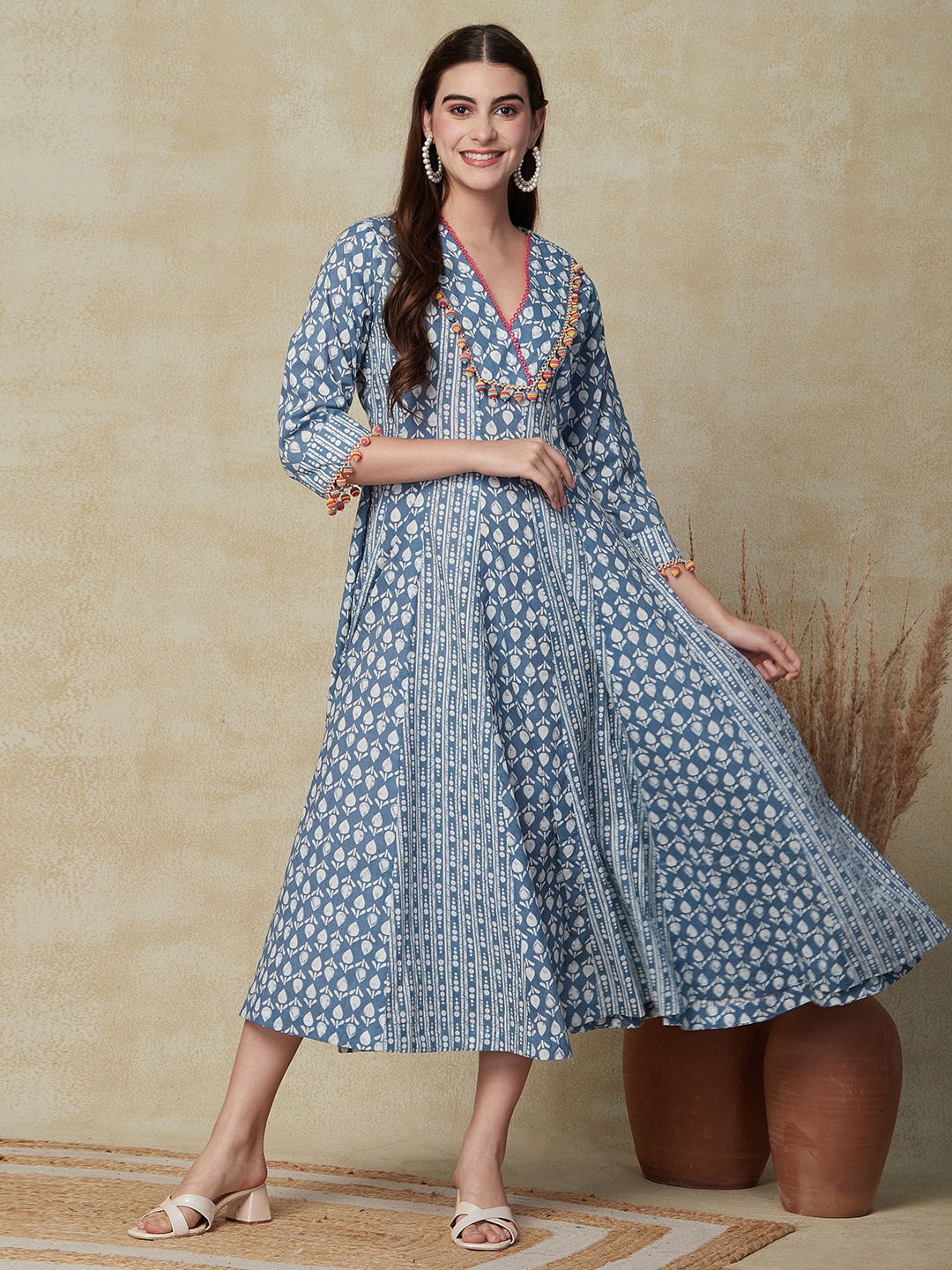 

FASHOR Ethnic Motifs Print A-Line Cotton Midi Dress, Blue