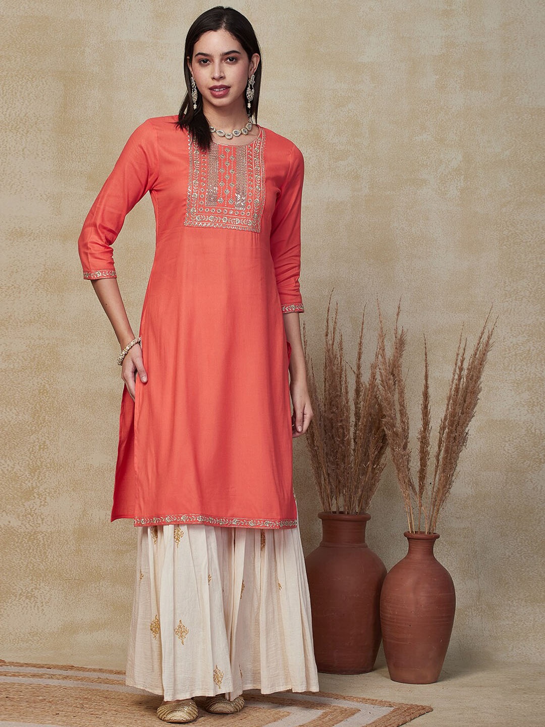 

FASHOR Floral Yoke Design Thread Work & Sequined Straight Kurta, Orange