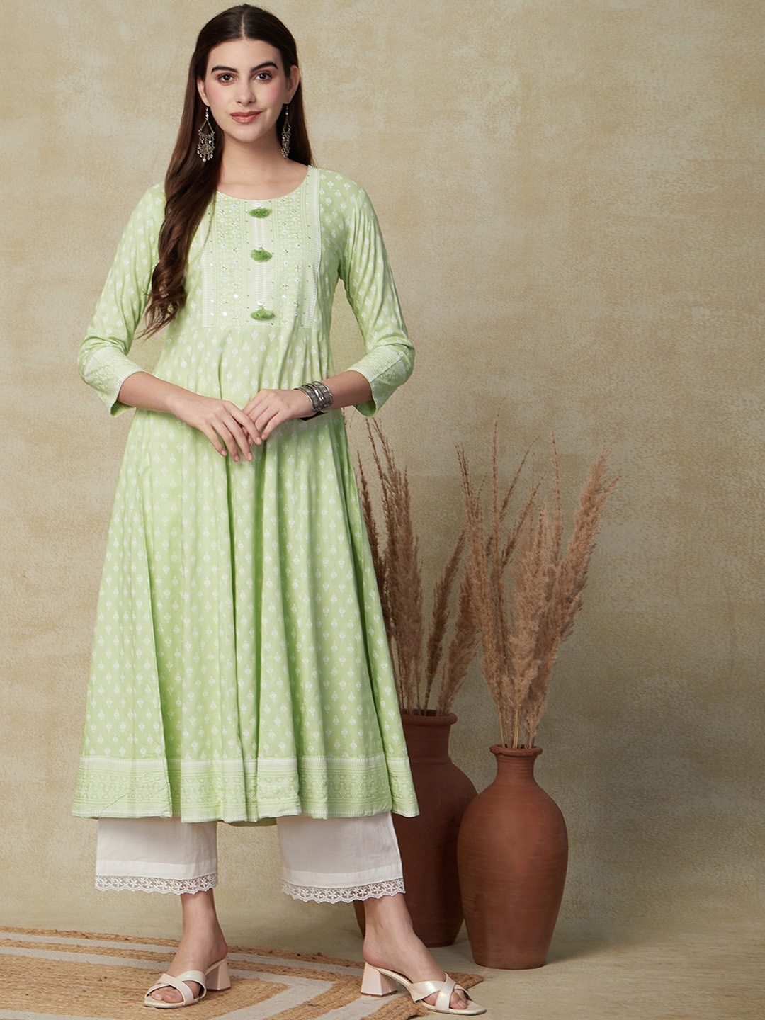 

FASHOR Ethnic Motifs Printed Sequined Anarkali Kurta, Green