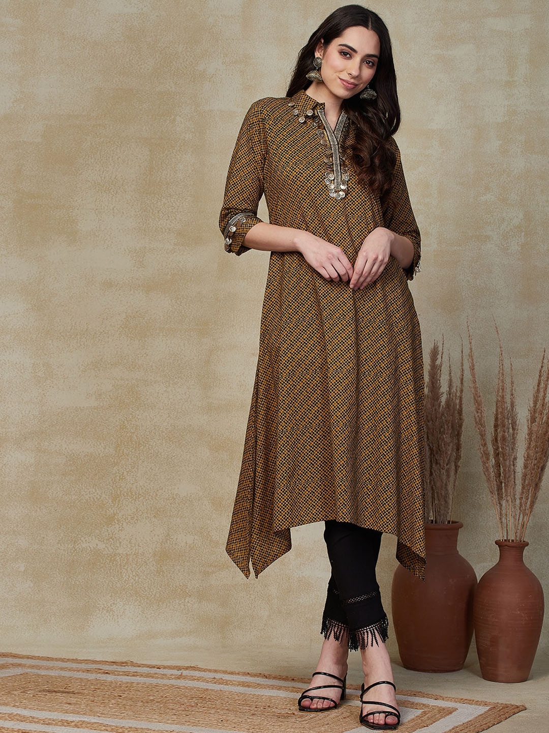 

FASHOR Ethnic Motifs Printed Shirt Collar Embellished Detail Cotton A-Line Kurta, Khaki