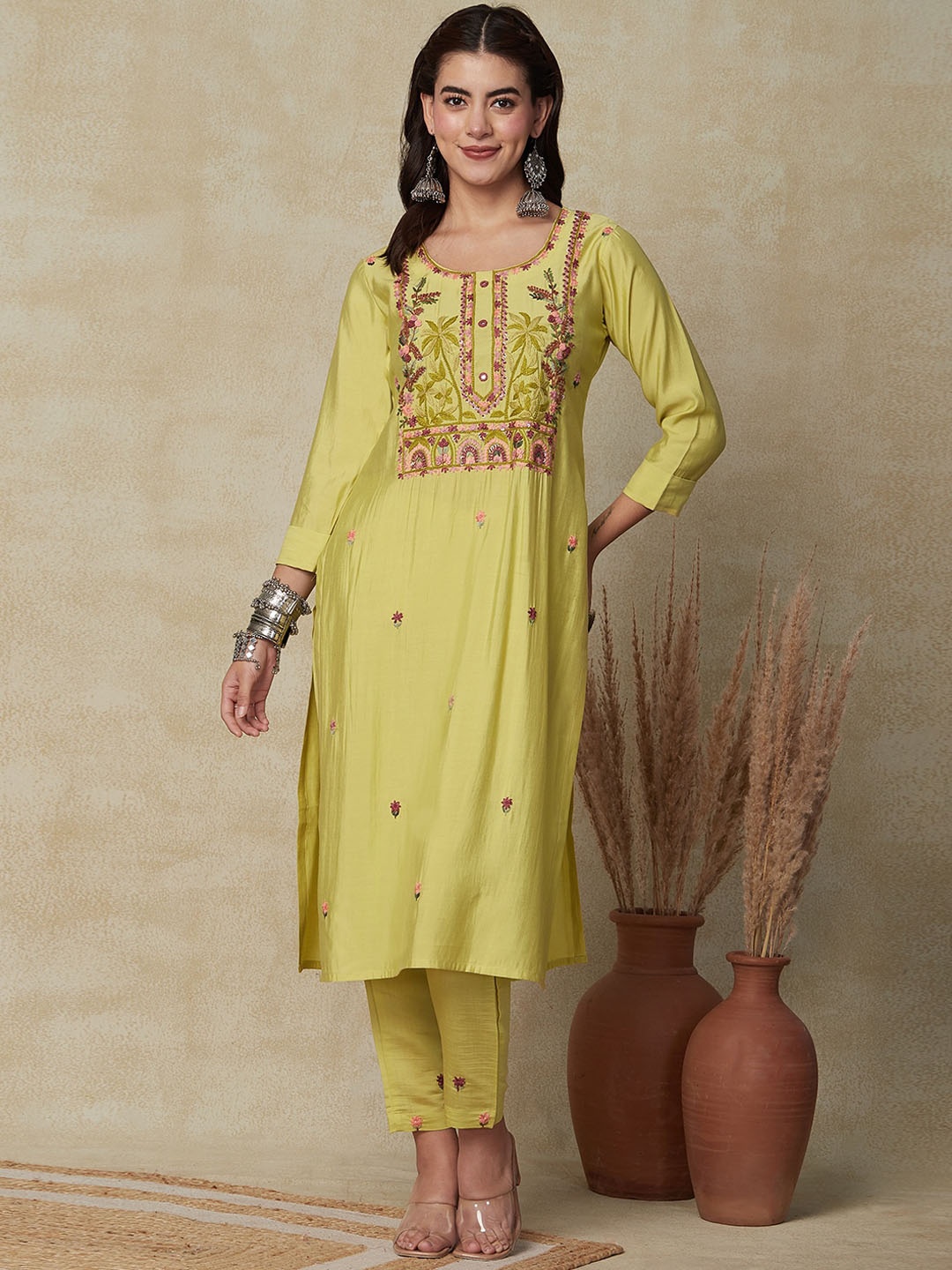 

FASHOR Floral Embroidered A-Line Kurta, Yellow