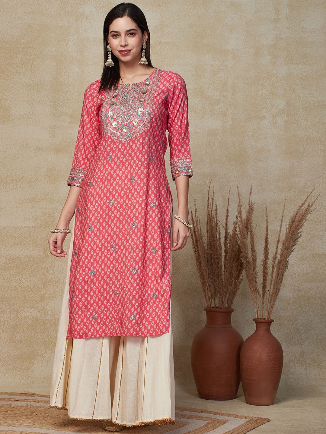 

FASHOR Pink Paisley Printed Thread Work Straight Kurta
