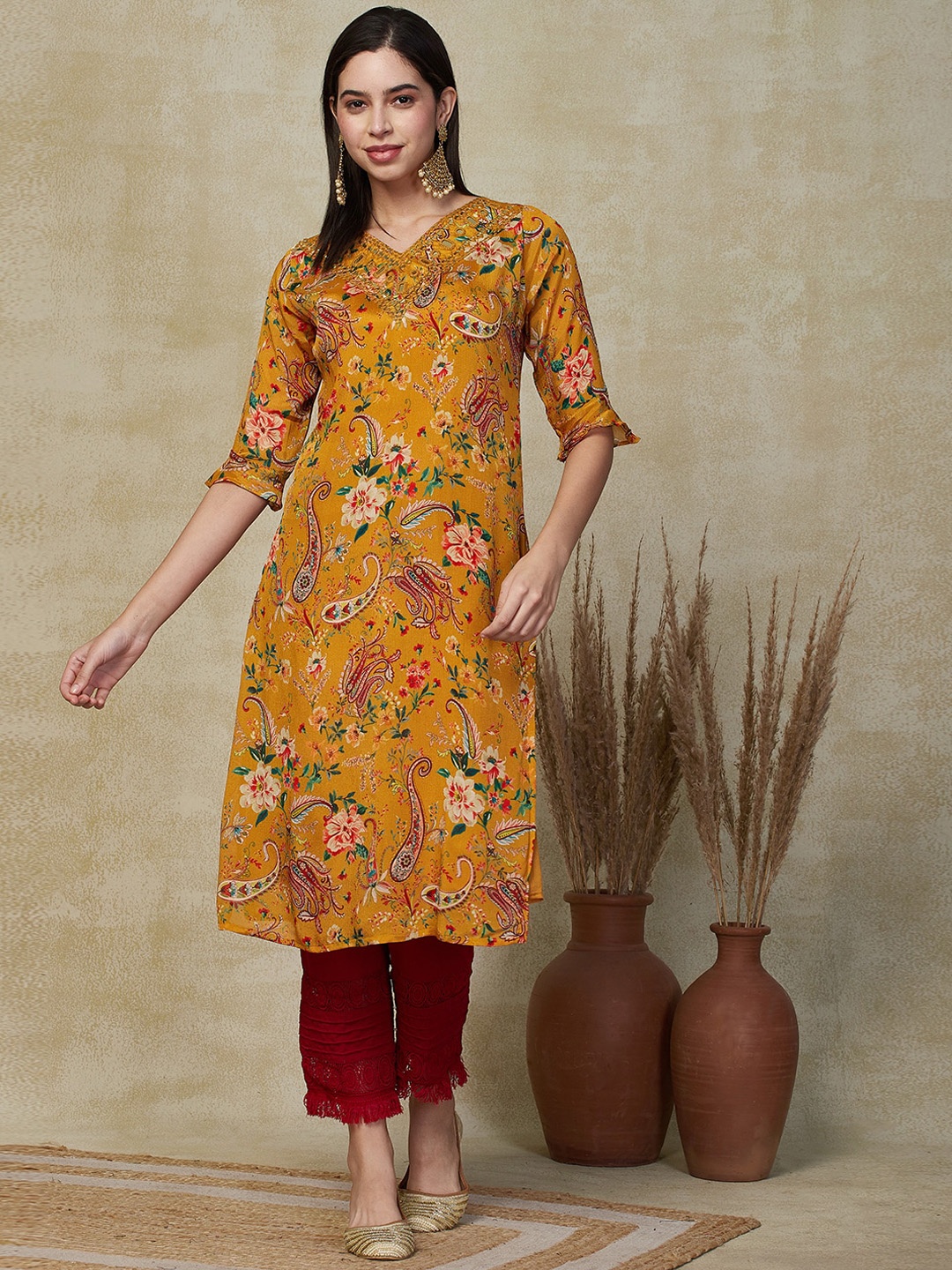 

FASHOR Ethnic Motifs Printed Mirror Work Crepe Kurta, Mustard