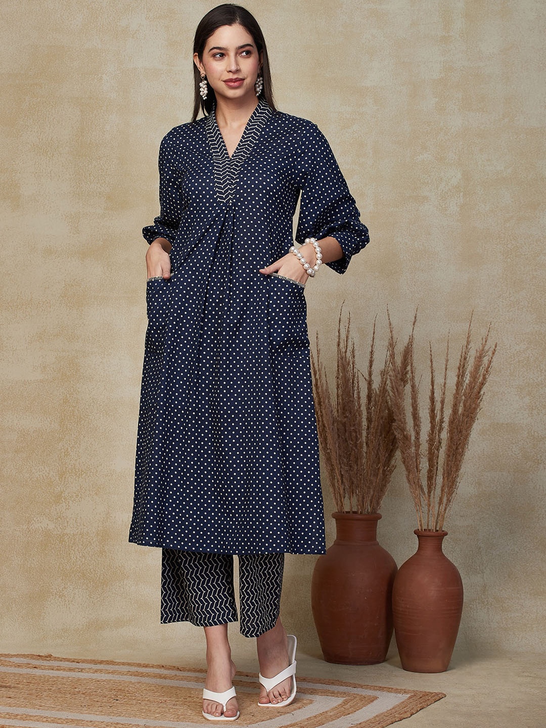 

FASHOR Ethnic Motifs Printed Pleated Pure Cotton Kurta With Palazzos, Navy blue