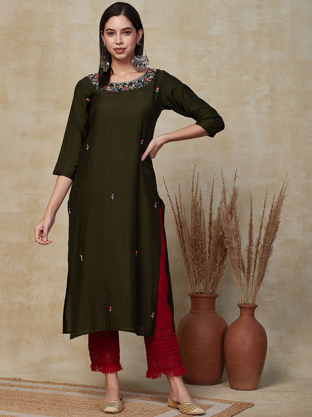 

FASHOR Olive Green Floral Embroidered Straight Kurta