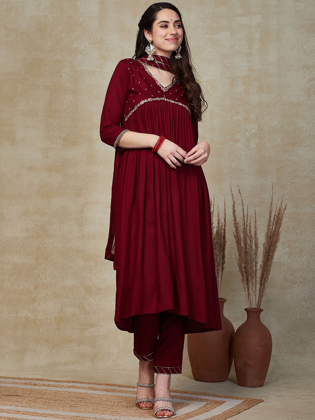 

FASHOR Floral Embroidered Pleated A-Line Kurta with Trousers & With Dupatta, Maroon