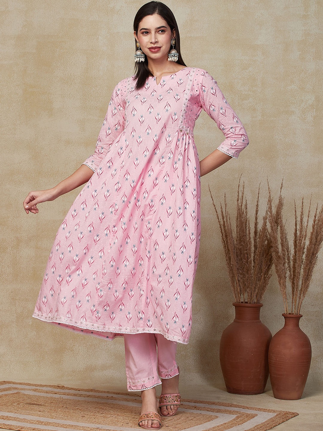 

FASHOR Pink Ethnic Motif Printed Thread Work Pleated A-Line Kurta & Trousers With Dupatta