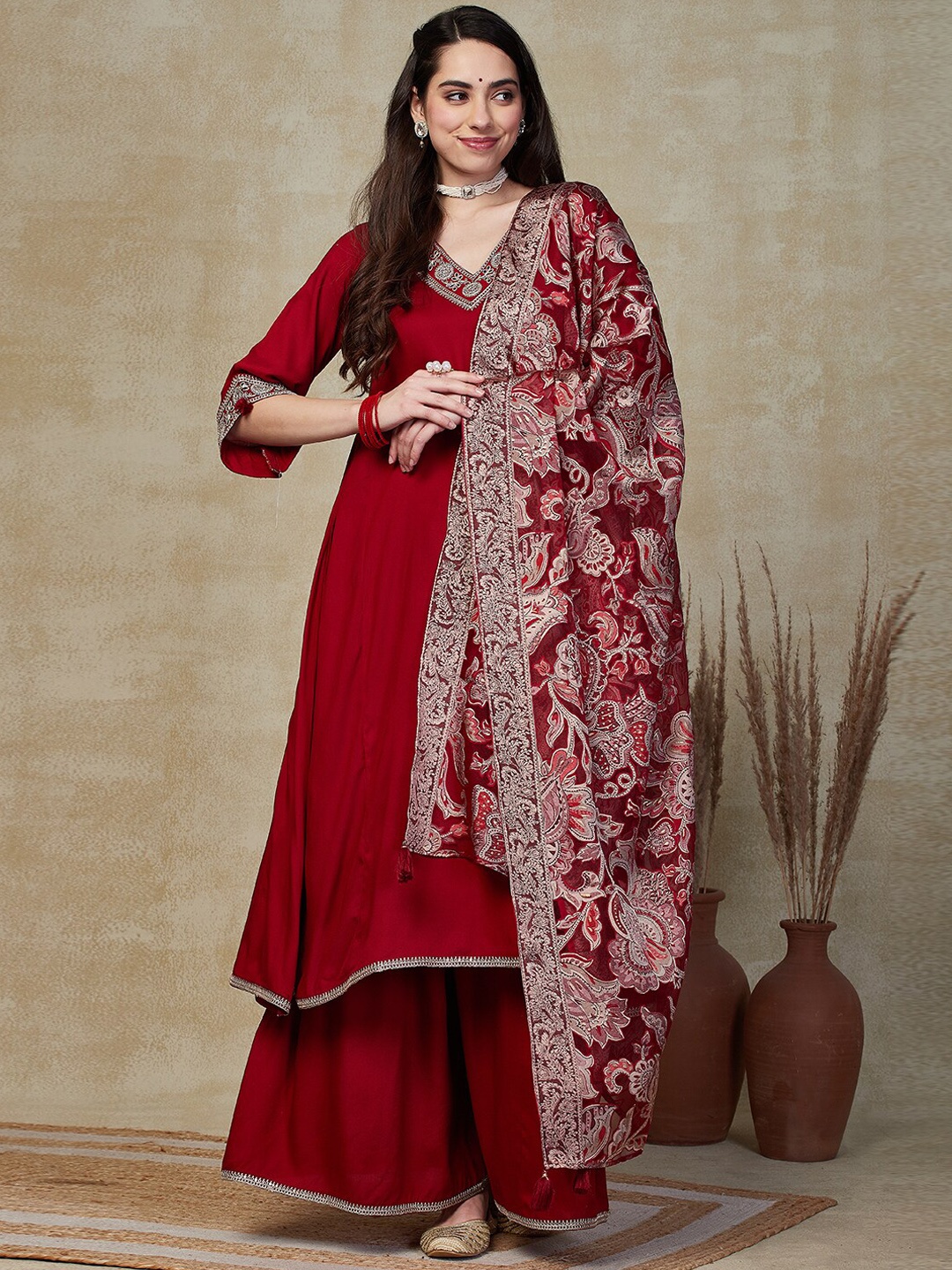 

FASHOR Floral Embroidered Sequinned Kurta & Palazzos With Dupatta, Red