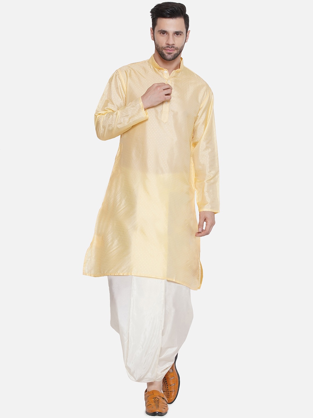 

Sethukrishna Woven Design Mandarin Collar Kurta with Dhoti Pants, Beige