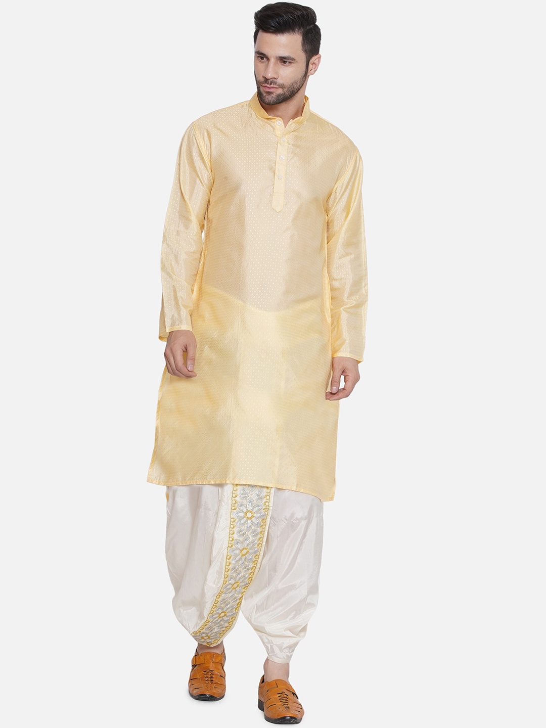 

Sethukrishna Woven Design Mandarin Collar Long Sleeves Kurta with Dhoti Pants, Beige