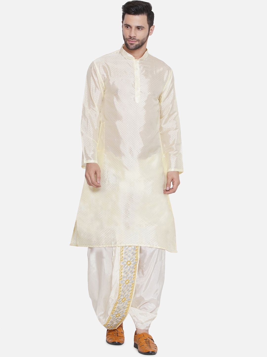 

Sethukrishna Woven Design Mandarin Collar Long Sleeves Kurta with Dhoti Pants, Yellow