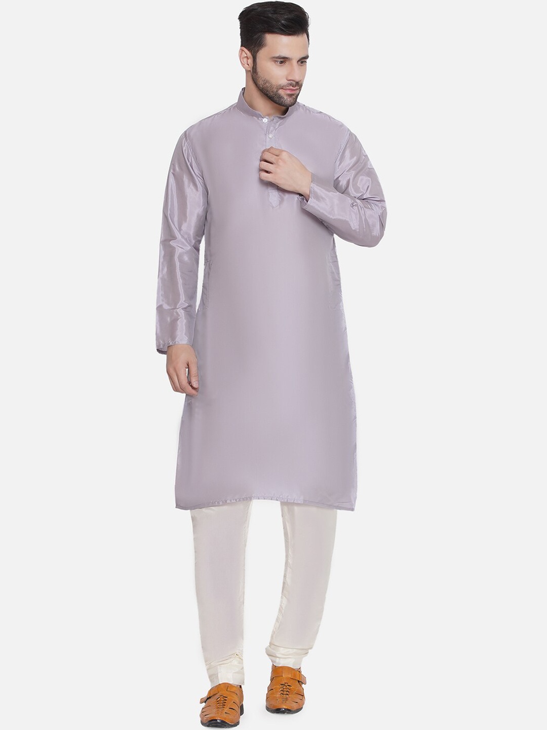 

Sethukrishna Mandarin Collar Long Sleeves Kurta with Pyjamas, Grey