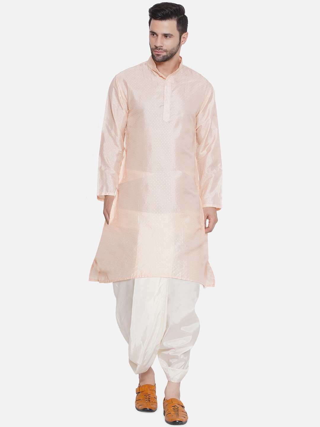 

Sethukrishna Woven Design Mandarin Collar Long Sleeves Kurta with Dhoti Pants, Orange