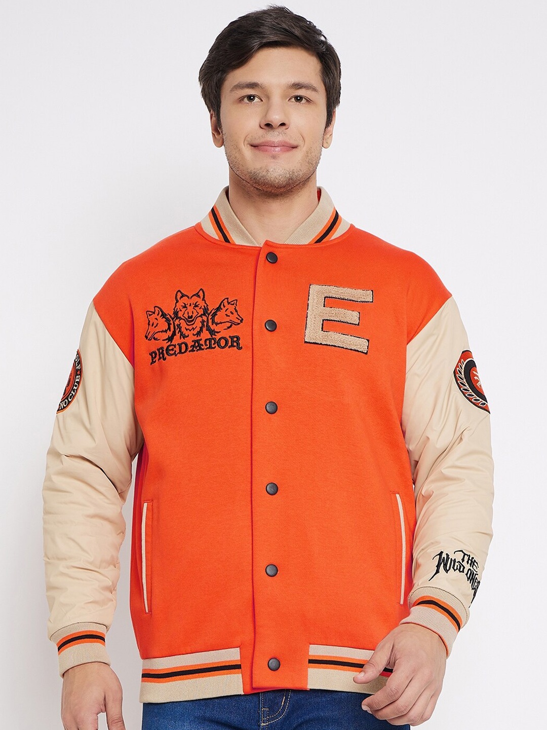 

EDRIO Typography Printed Fleece Varsity Jacket, Orange