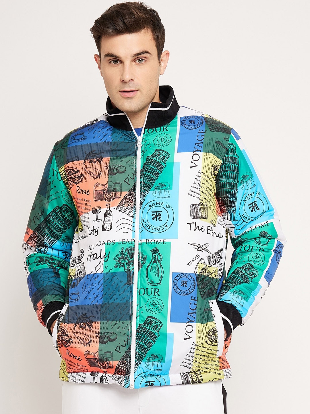 

EDRIO Typographic Printed Mock Collar Puffer Jacket, White